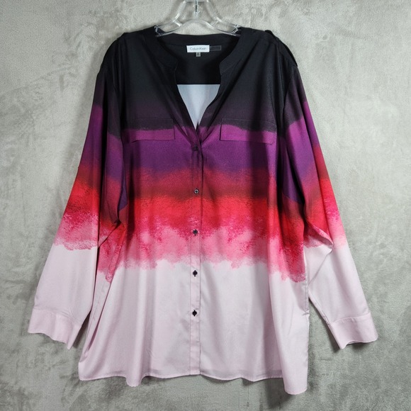Calvin Klein Tops - Calvin Klein Womens 3X Ombre Blouse Pink Red Purple Black Roll Tab Sleeve Top